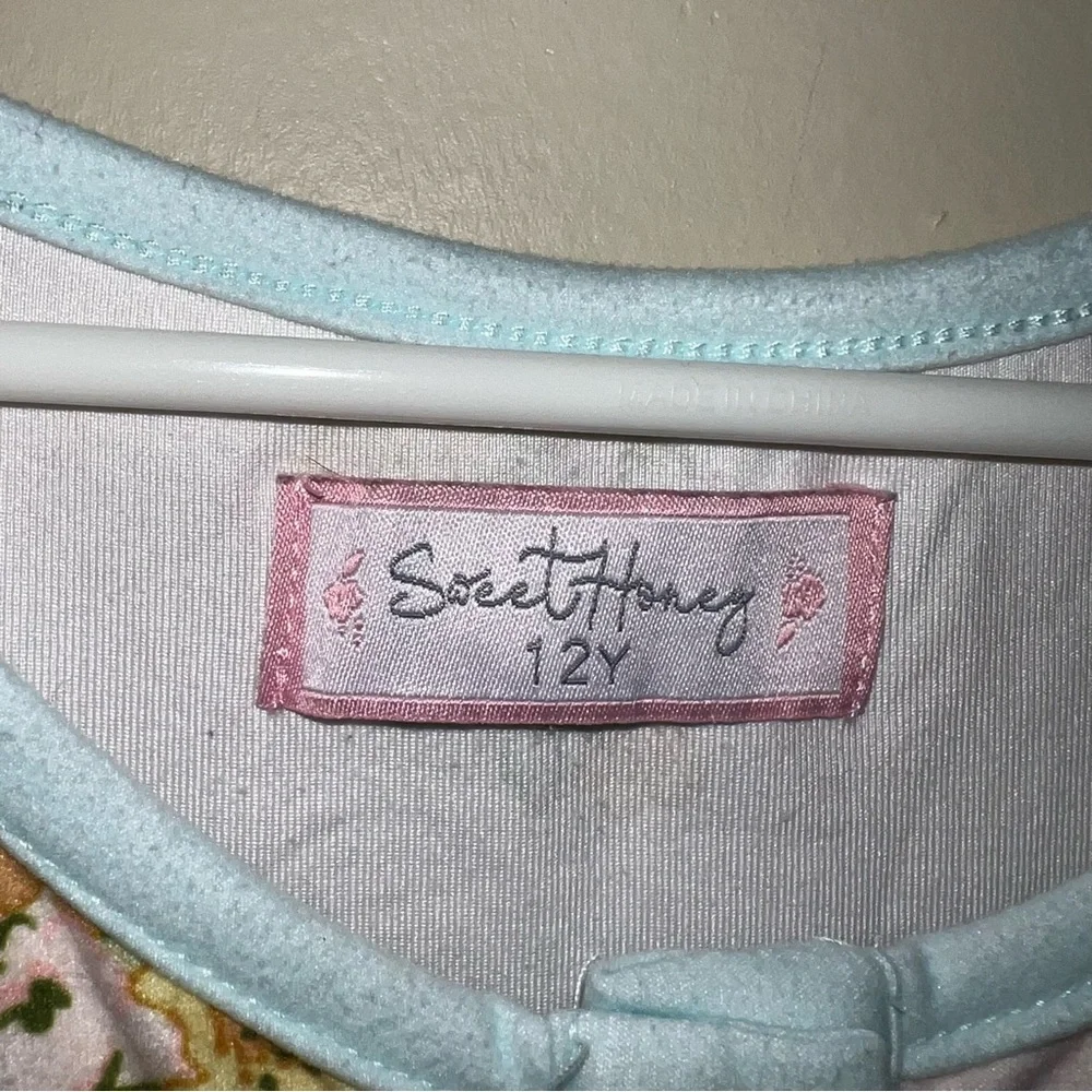 Sweethoney Pink Floral Girls' Nightgown with Blue Trim
